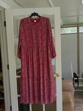 Pink Floral Long Sleeve Midi Dress with Gathered Waist